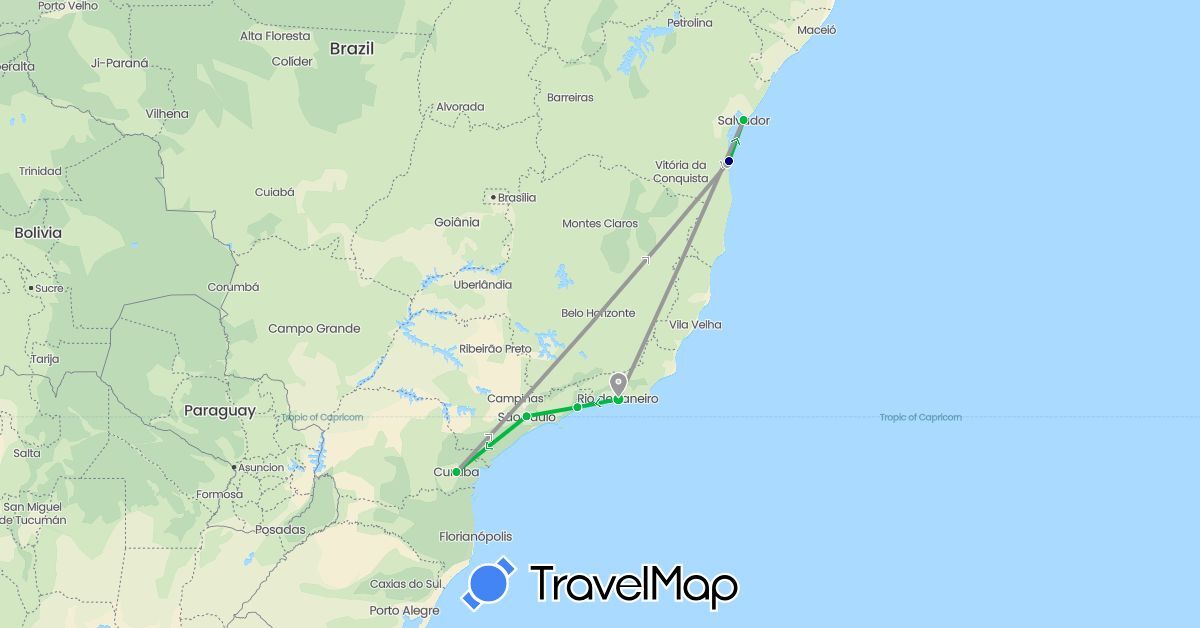 TravelMap itinerary: driving, bus, plane in Brazil (South America)
